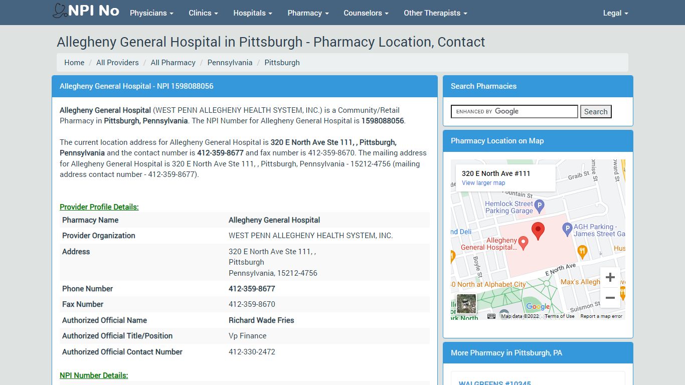 Allegheny General Hospital in Pittsburgh - Pharmacy Location, Contact